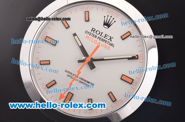 Rolex Milgauss Wall Clock Quartz Steel Case with White Dial and Orange Stick Markers - Click Image to Close